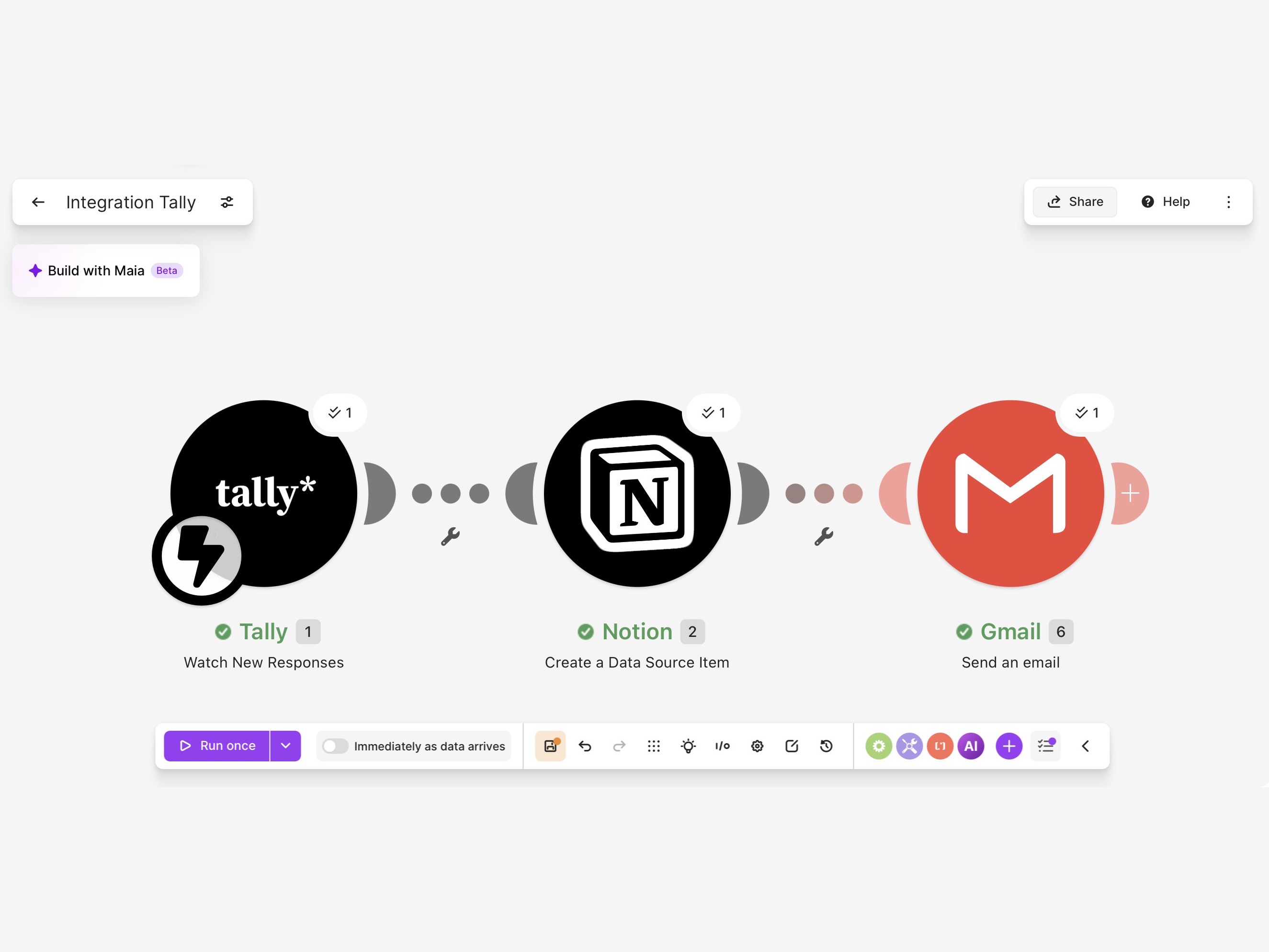 Diagram of a lead-intake workflow connecting Tally, Notion, and Gmail